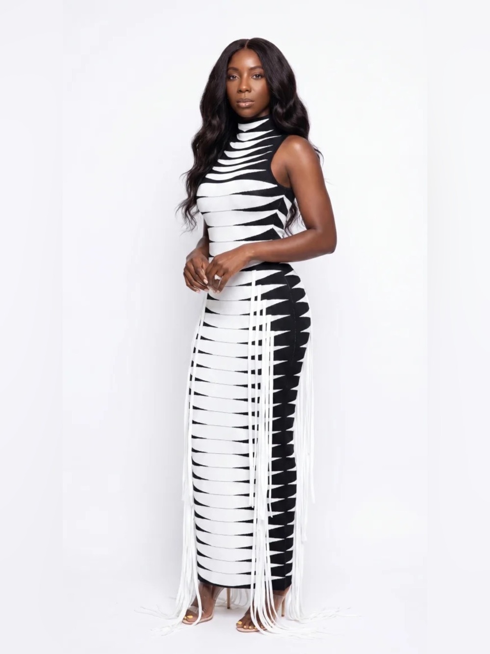 Striped Jacquard Tassel Midi Dress